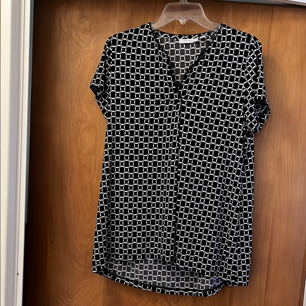 Susan Graver Black and White Relaxed Blouse with Mandarin Collar